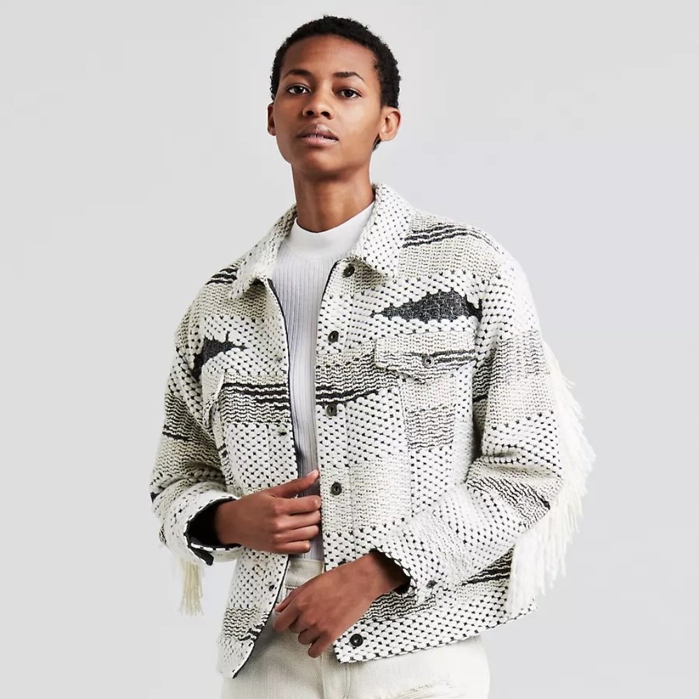 Levi's Cream and Black Knit Jean Jacket with Fringe